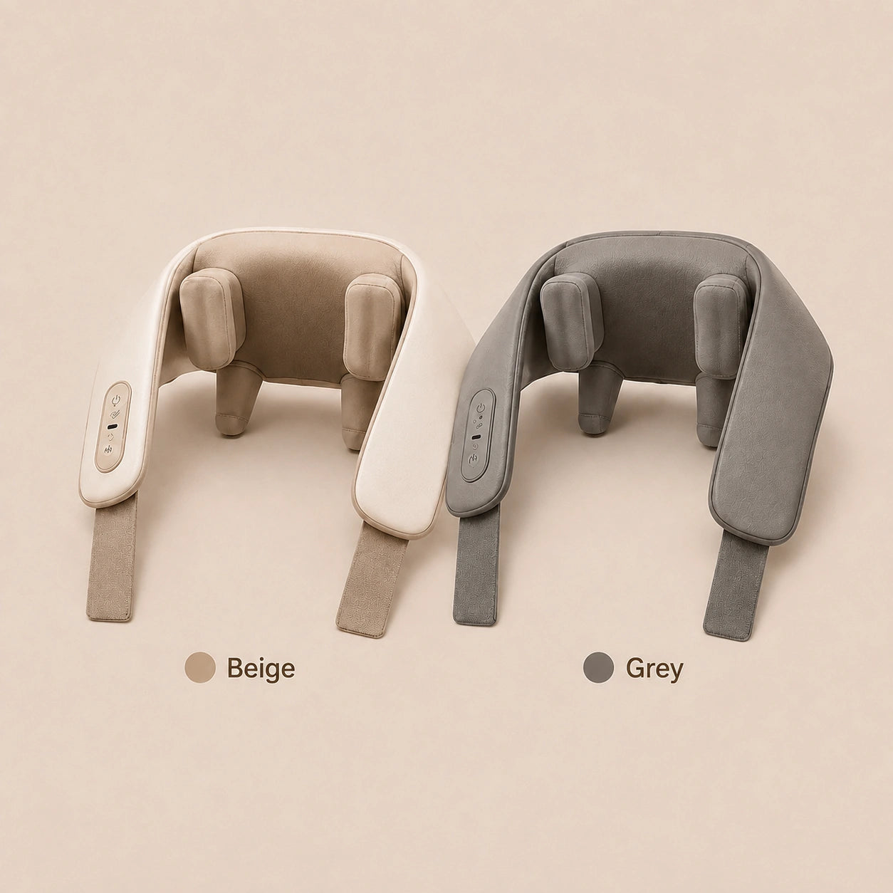 Beige and grey VERTA neck massagers displayed side by side.