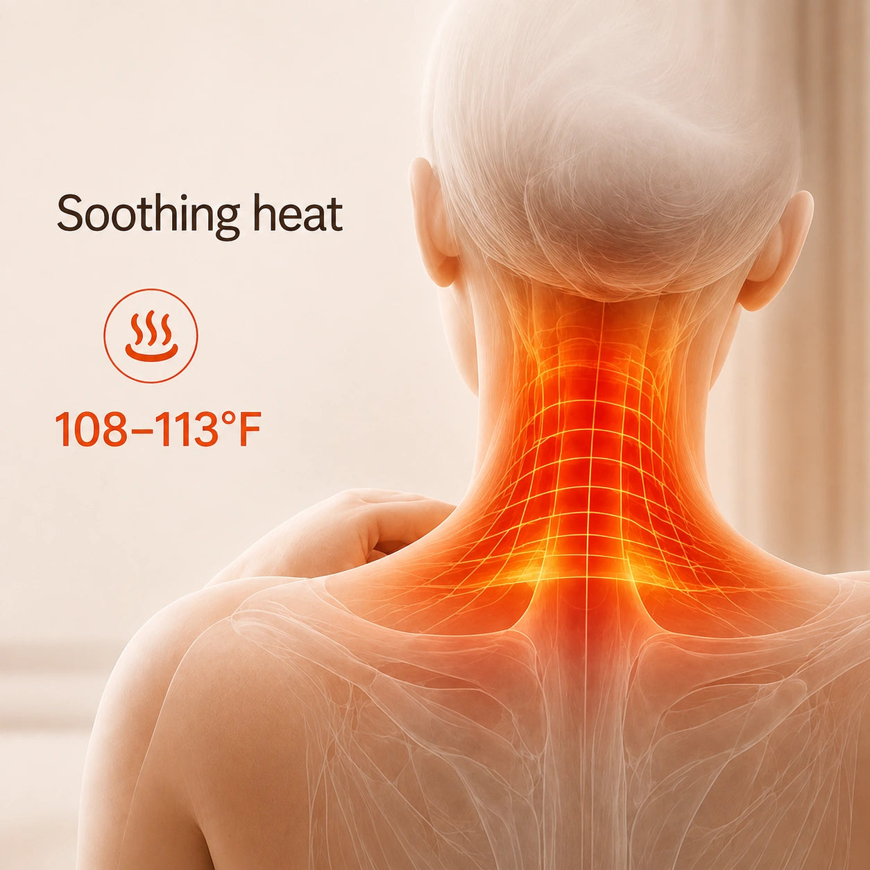 Warm neck and shoulder illustration with a soothing heat range of 108–113°F.