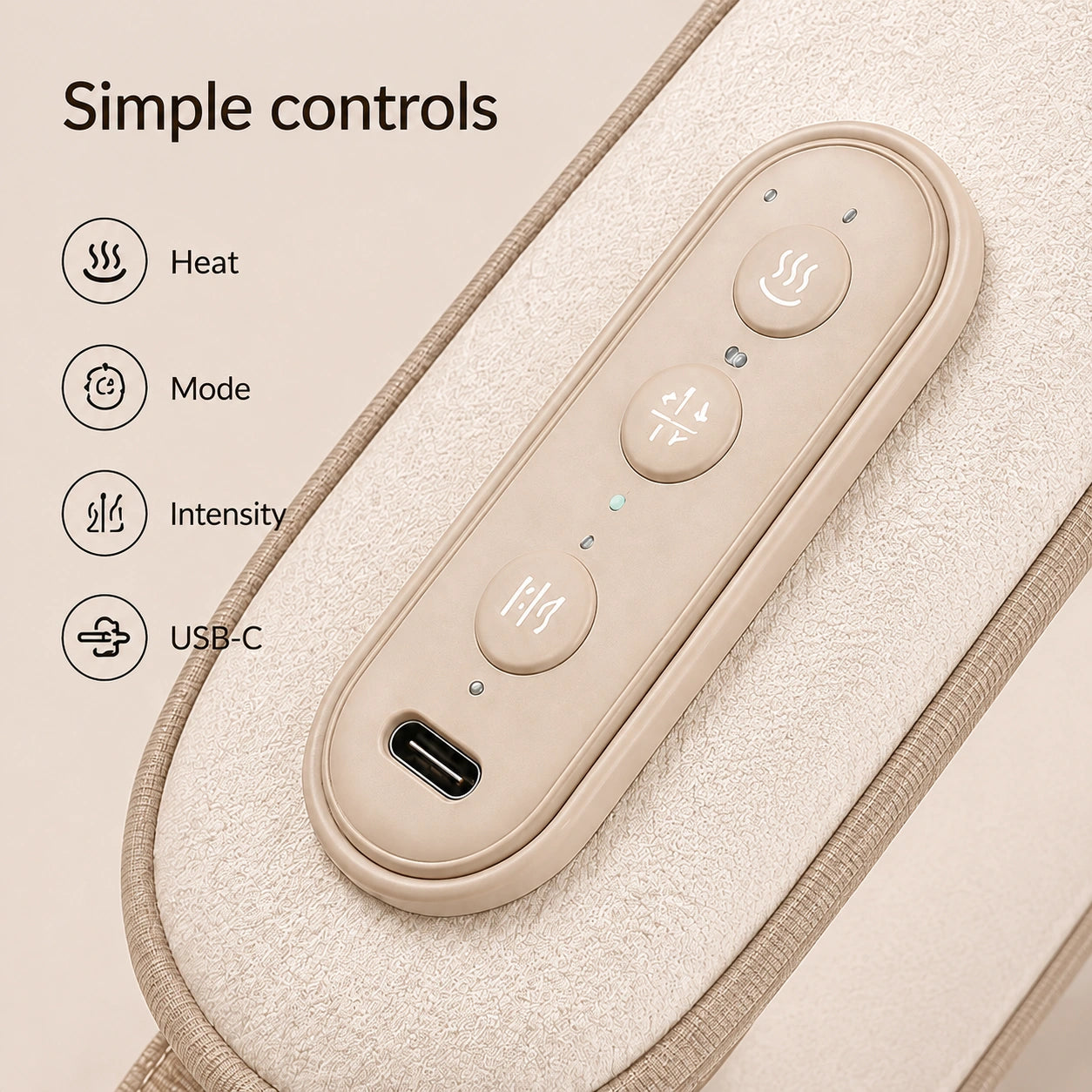 Close-up of the control panel and USB-C port with feature labels.