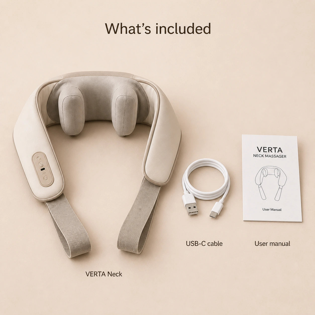 VERTA neck massager, USB-C charging cable and user manual arranged on a beige surface.