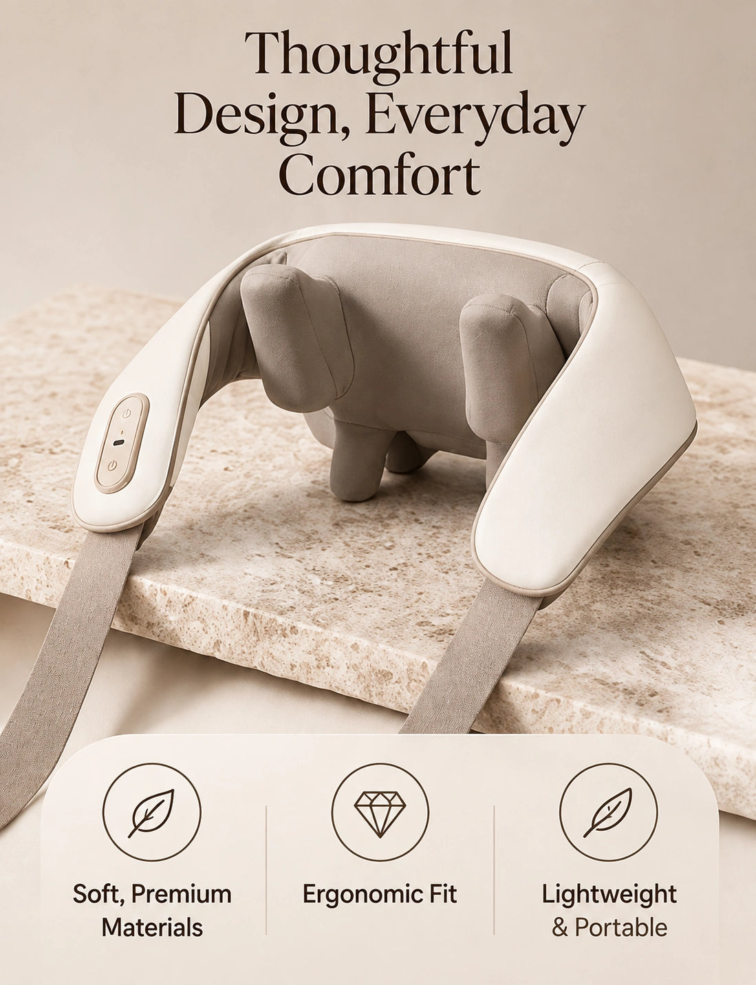 Cream neck massager on a stone pedestal with materials, fit and portability callouts.